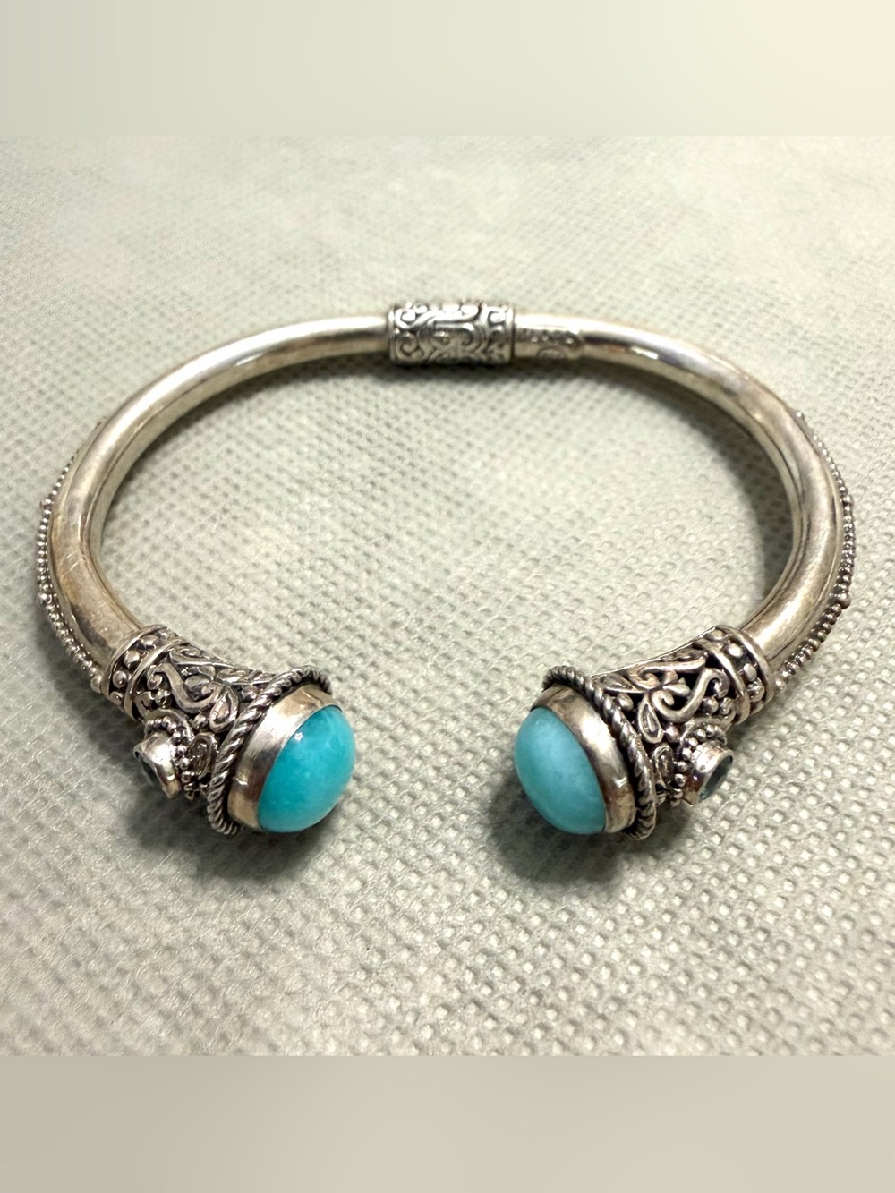 SARDA Sterling Silver Blue Amazonite & Blue Topaz Hinged Cuff Bracelet - Picture 2 of 4